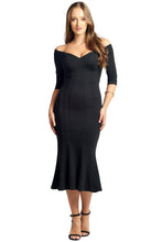 Load image into Gallery viewer, Raquel Dress - Off the shoulder seamed mermaid hem midi dress with 3/4
