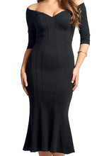 Load image into Gallery viewer, Raquel Dress - Off the shoulder seamed mermaid hem midi dress with 3/4
