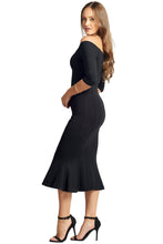 Load image into Gallery viewer, Raquel Dress - Off the shoulder seamed mermaid hem midi dress with 3/4
