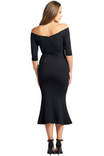 Load image into Gallery viewer, Raquel Dress - Off the shoulder seamed mermaid hem midi dress with 3/4
